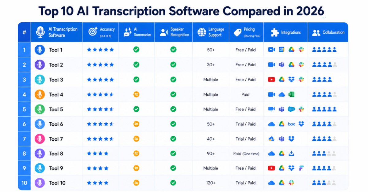 Top AI transcription software comparison chart for 2026