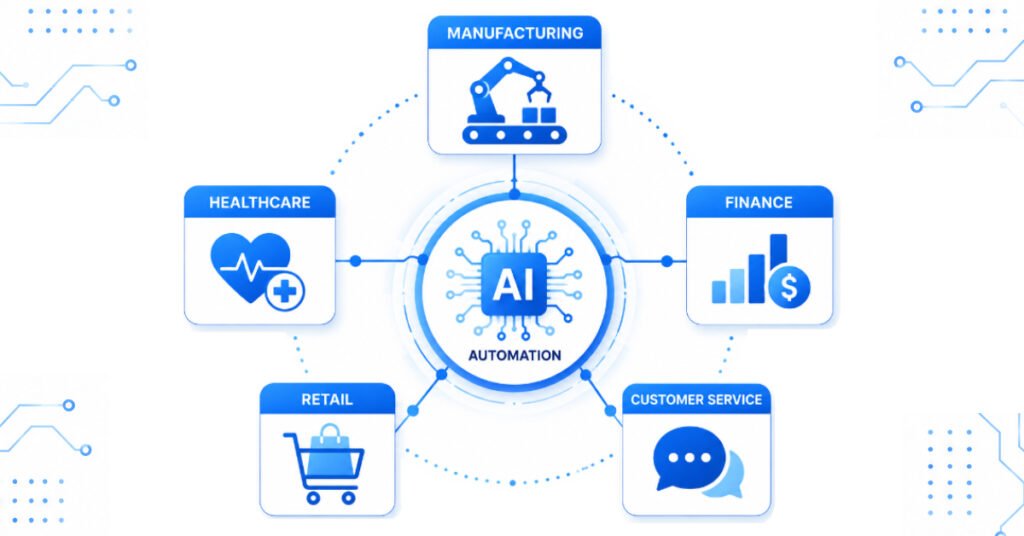 AI automation use cases across manufacturing, healthcare, finance, retail, and customer service industries