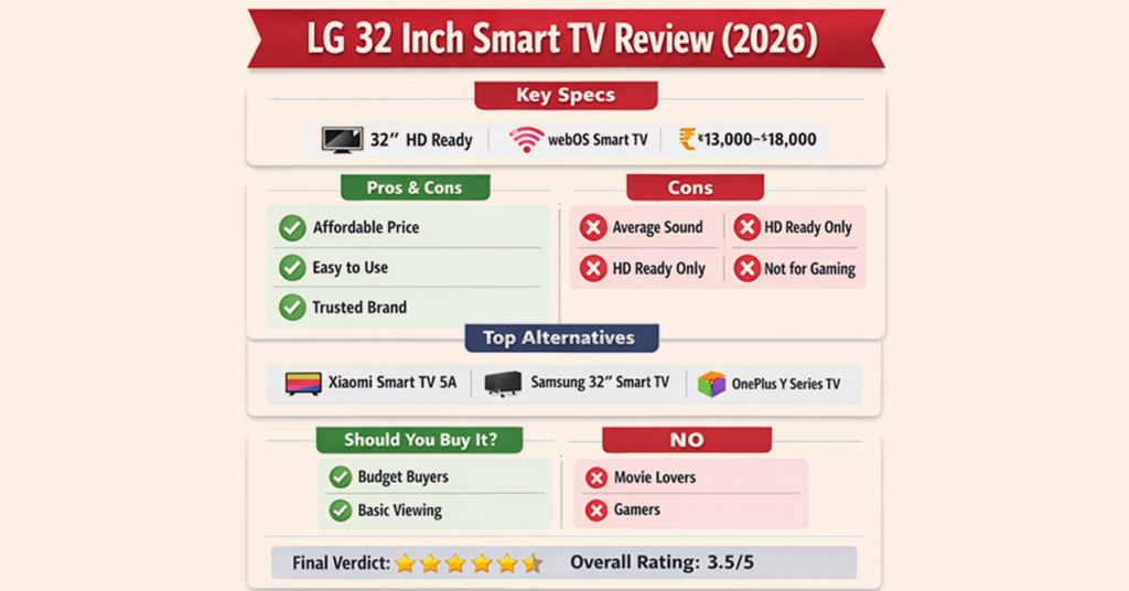 “LG 32 inch smart TV specs pros cons infographic”