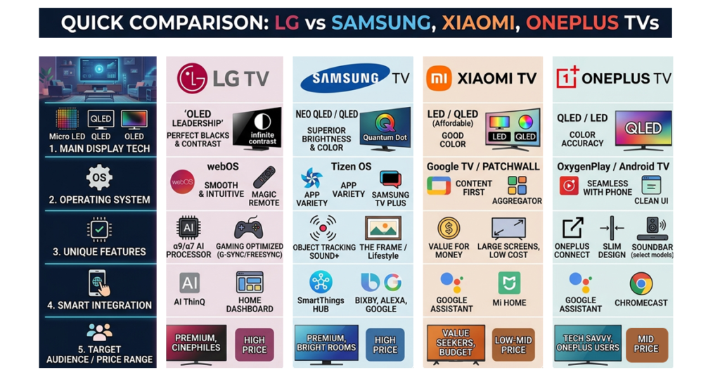 LG vs Xiaomi Samsung OnePlus TV comparison infographic