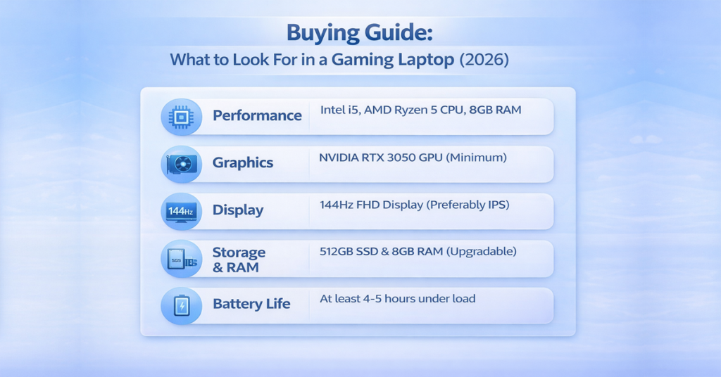 Gaming laptop buying guide under ₹70,000 in India 2026 showing GPU CPU RAM display and storage requirements
