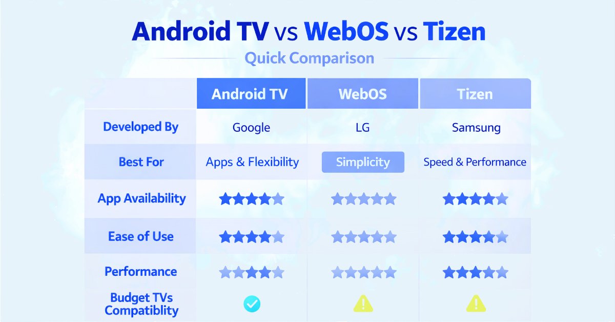 android-tv-vs-webos-vs-tizen-comparison-2026 Android TV vs WebOS vs Tizen comparison table showing app availability, performance, ease of use, and budget TV compatibility in 2026
