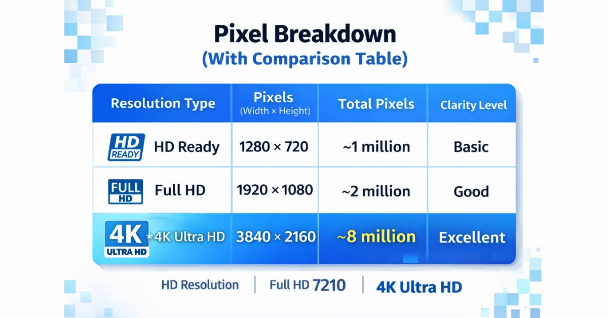 Pixel breakdown comparison of 4K Ultra HD vs Full HD vs HD Ready showing resolution and total pixels