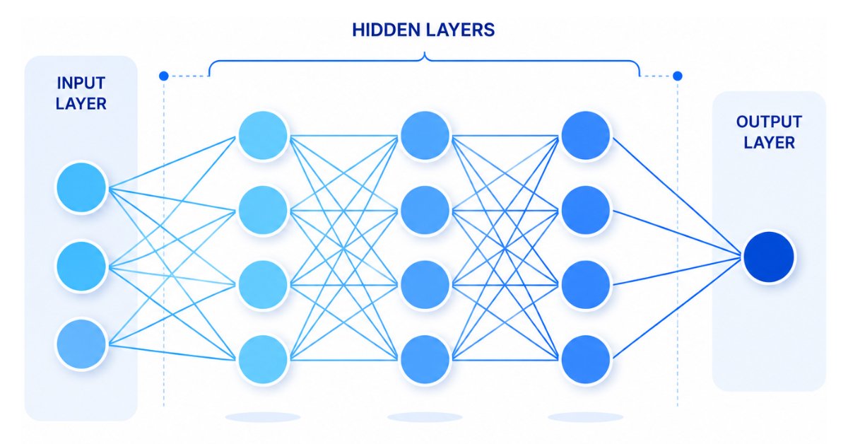Deep Learning neural network showing input hidden and output layers